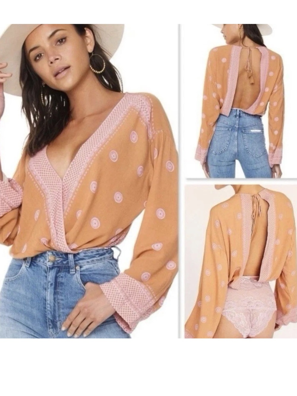 New Free People On Board bodysuit top lace bottom S Wrap boho open bodysuit clay
